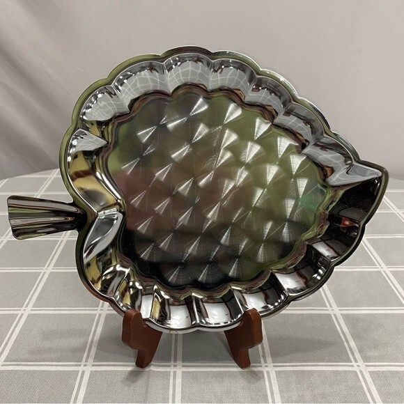 Chrome Leaf Serving Tray Party Candy Nut Dish Engine Turned Jewelling Accented - Picture 1 of 8